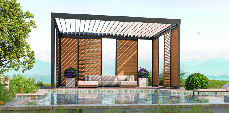 Lamellenpergola mit Schiebeläden in Holzoptik am Pool