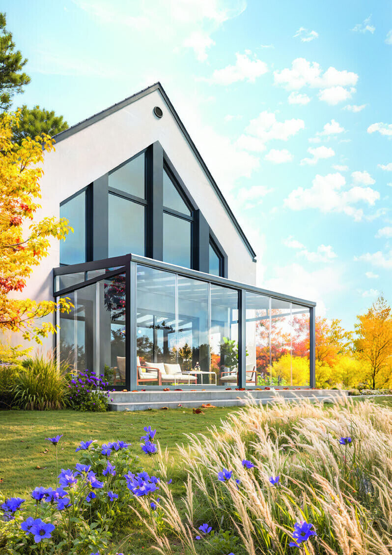 Kaltwintergarten mit Glasfront an einem Giebelhaus, davor ein blühender Garten im Herbst